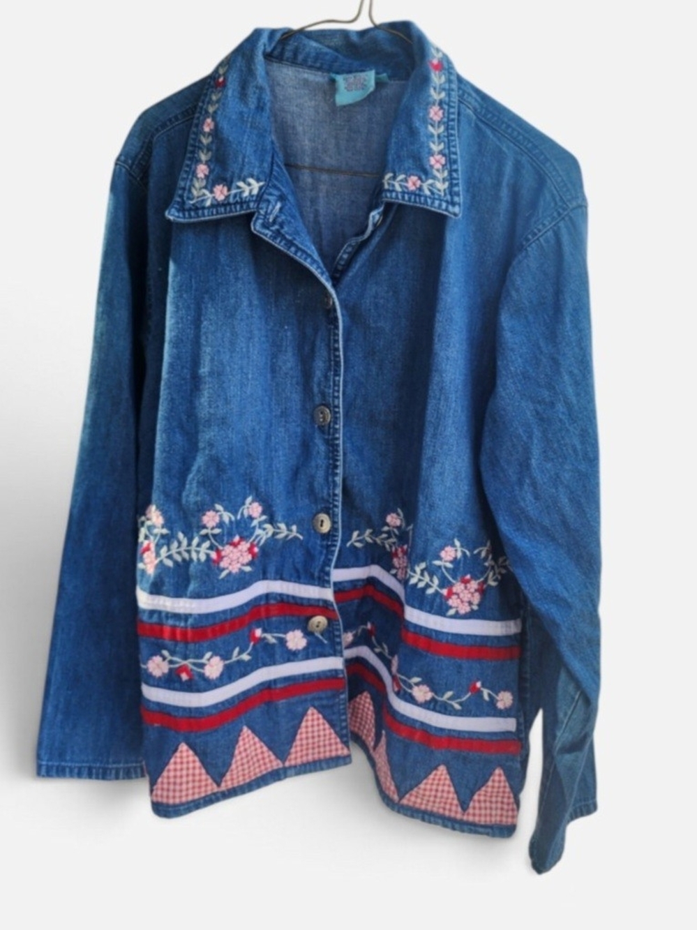 Vintage Nectar Embroidered Denim Jacket Gingham Trim Cottagecore Size 12